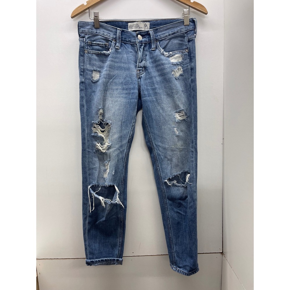 Abercrombie & Fitch Boyfriend Straight Distressed Jeans Blue W25 L25 Size 0R